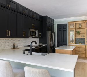 Stacked Black and Honey Wood Semi Custom Cabinets